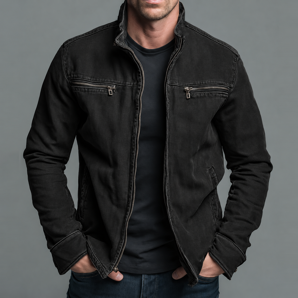 Renato, veste en toile délavée col montant