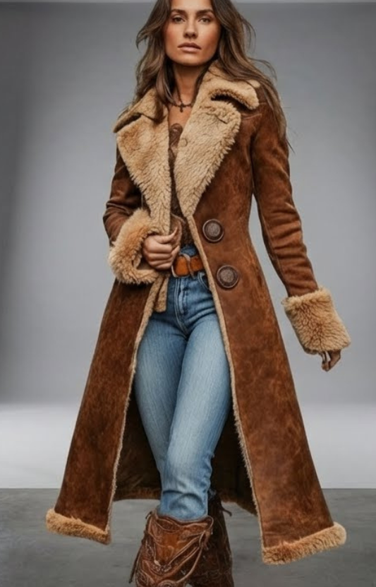 Solène, manteau long effet daim et fausse fourrure camel - vue de face