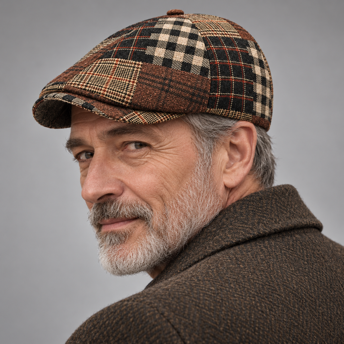 Casquette gavroche patchwork marron, détail