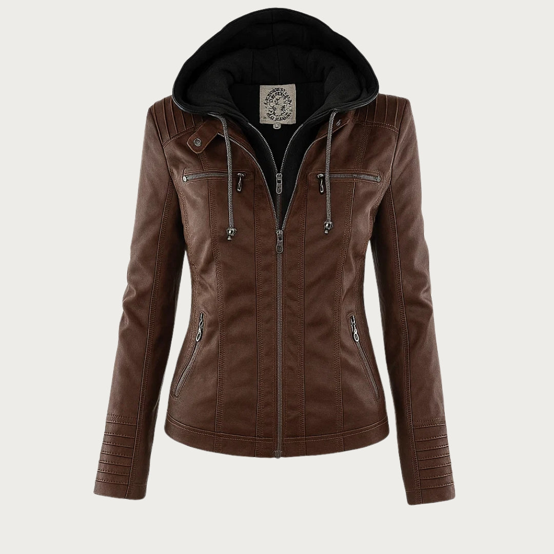 Flavia, veste effet cuir à capuche, coloris chocolat
