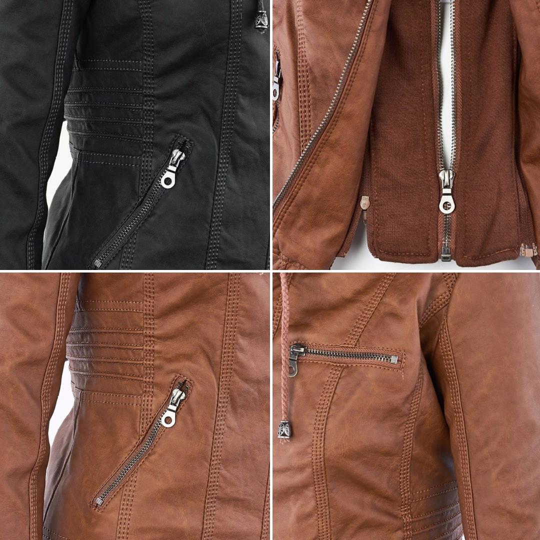 Flavia, détail de la veste effet cuir