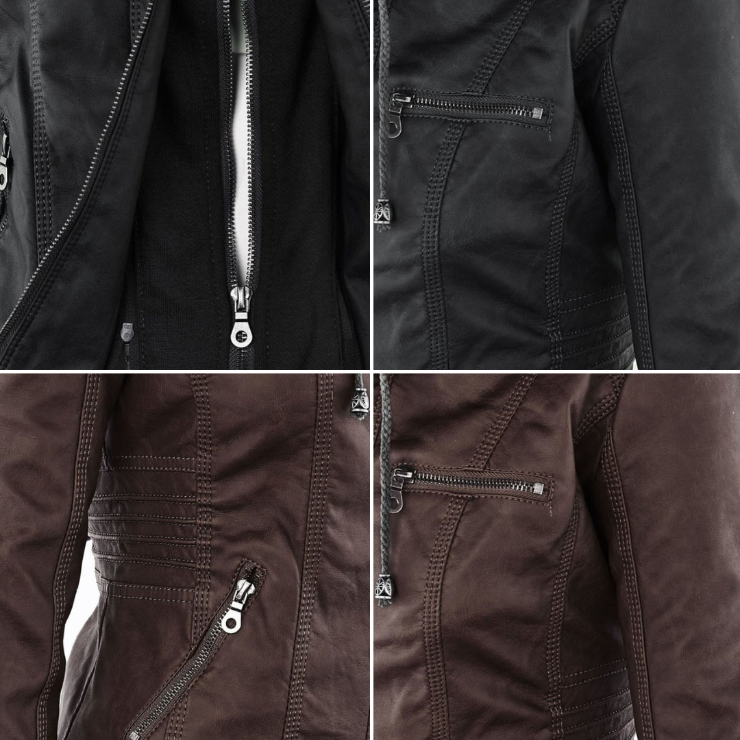 Flavia, détail de la veste effet cuir