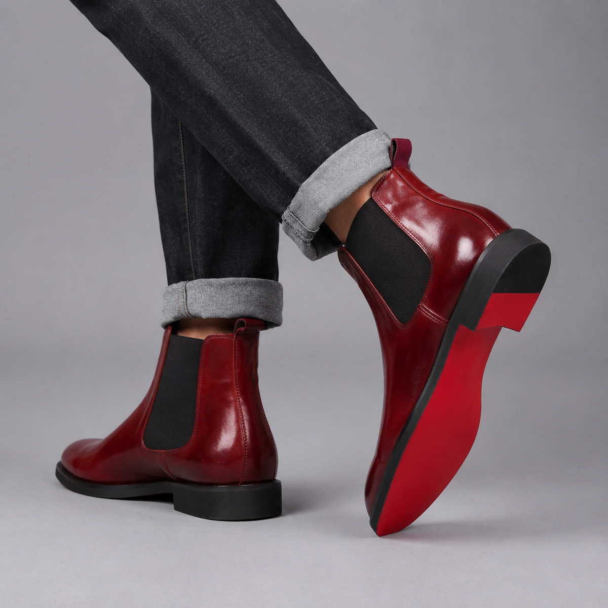 Gustave, bottines chelsea en cuir bordeaux semelle rouge homme - vue 2