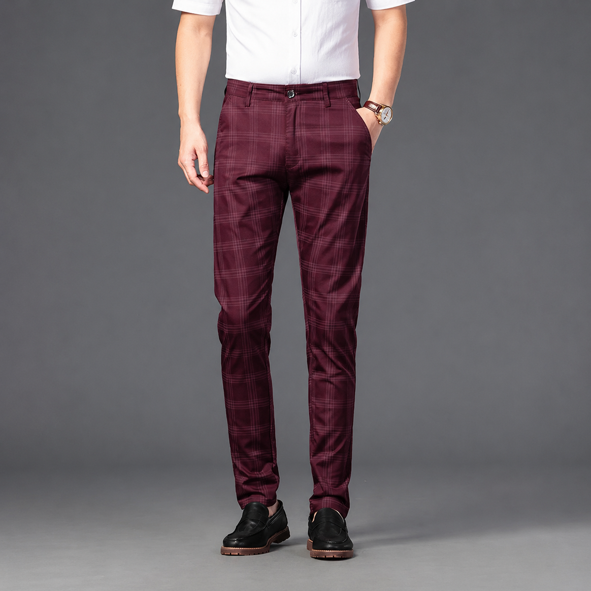 Bastien, pantalon stretch à carreaux bordeaux - vue 1