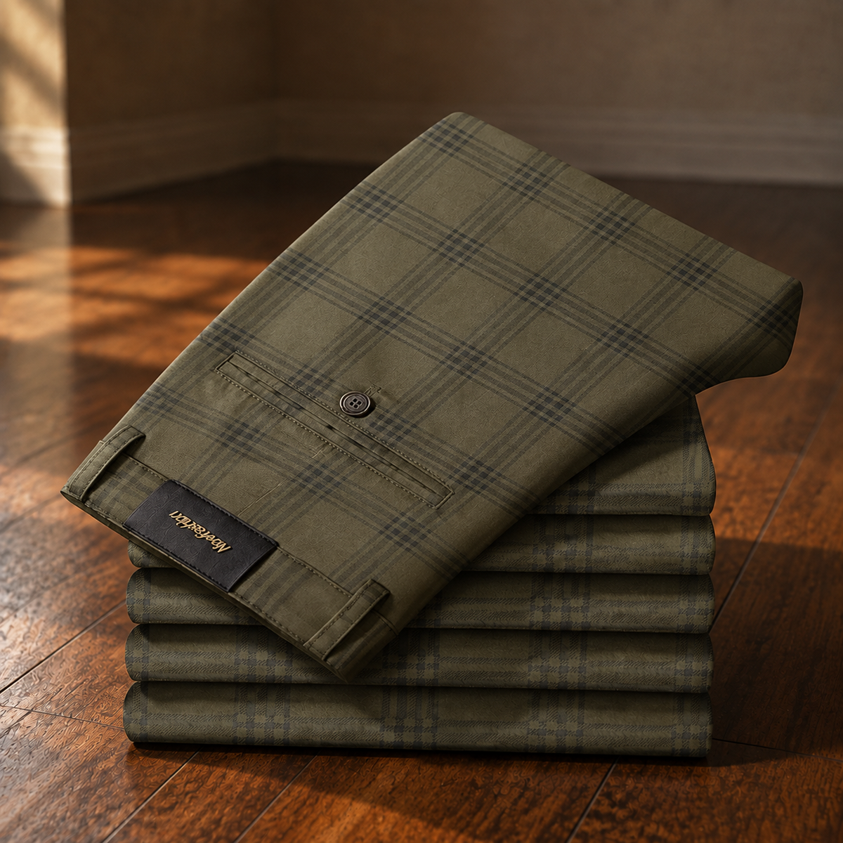 Bastien, pantalon stretch à carreaux vert olive - vue 1