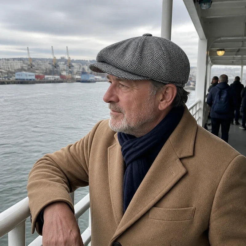 Homme portant la casquette gavroche Marius grise