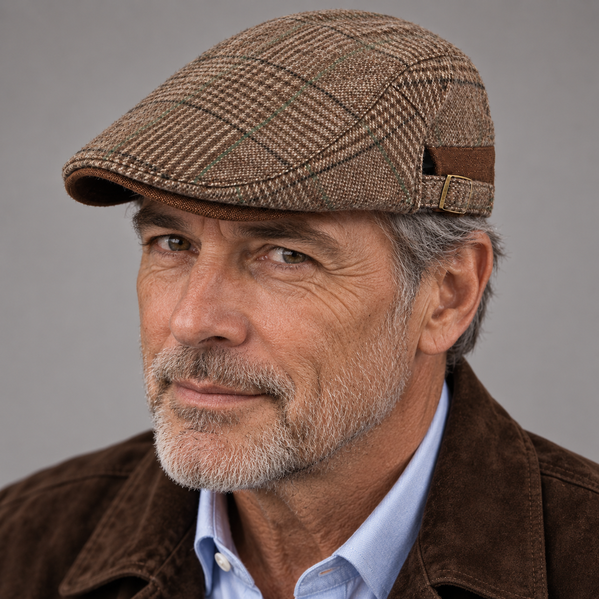 Émile, casquette en laine à carreaux portée