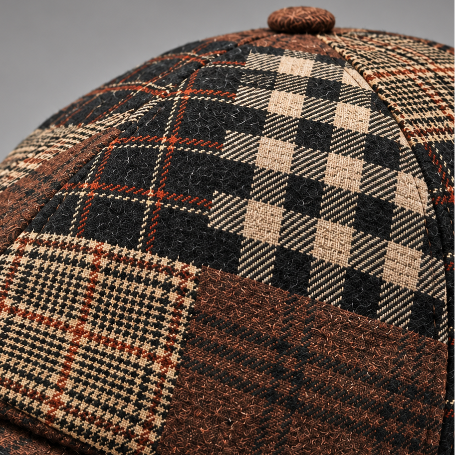 Casquette gavroche patchwork marron, détail