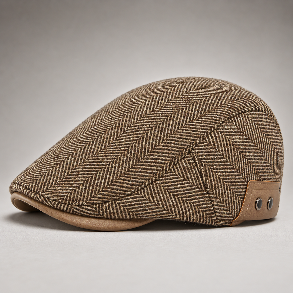 Fernand, casquette à chevrons beige, cache-oreilles repliés