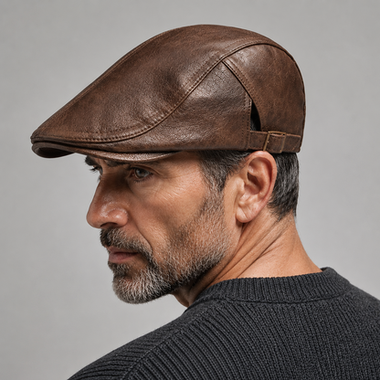 Gaston, casquette plate en cuir portée de profil