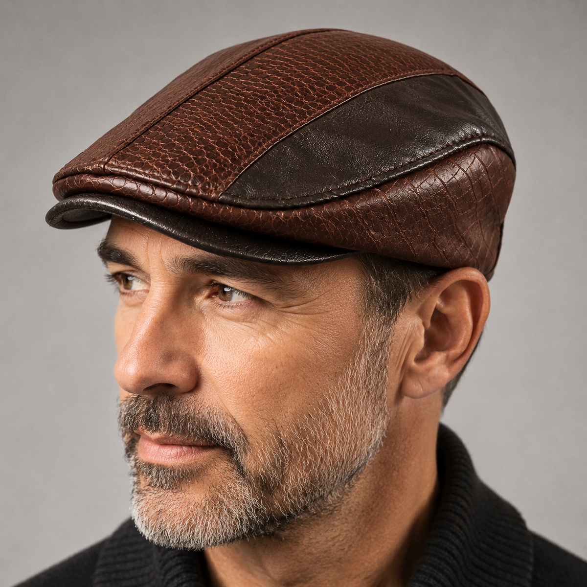 Jules, casquette plate en cuir portée