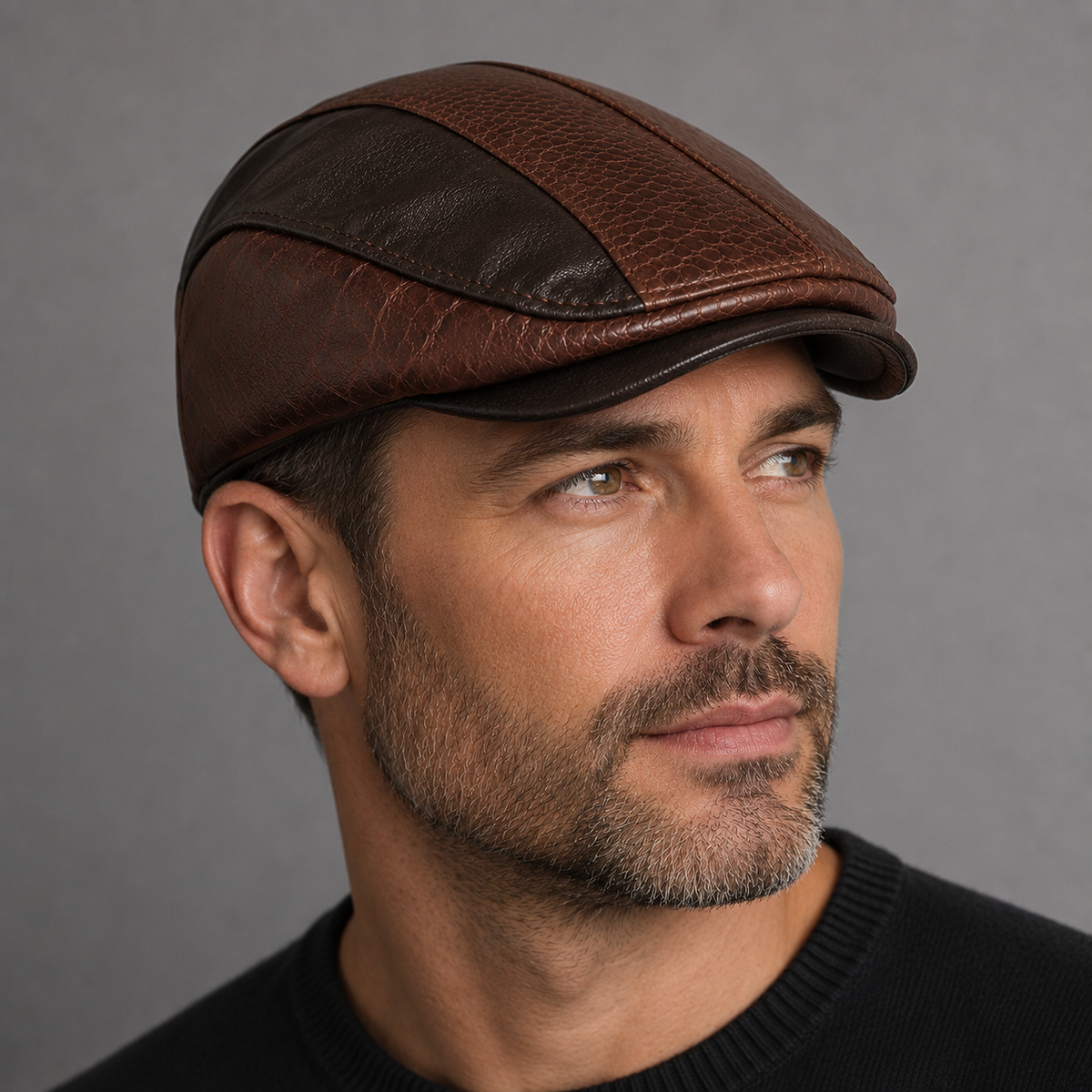 Jules, casquette plate en cuir portée de face