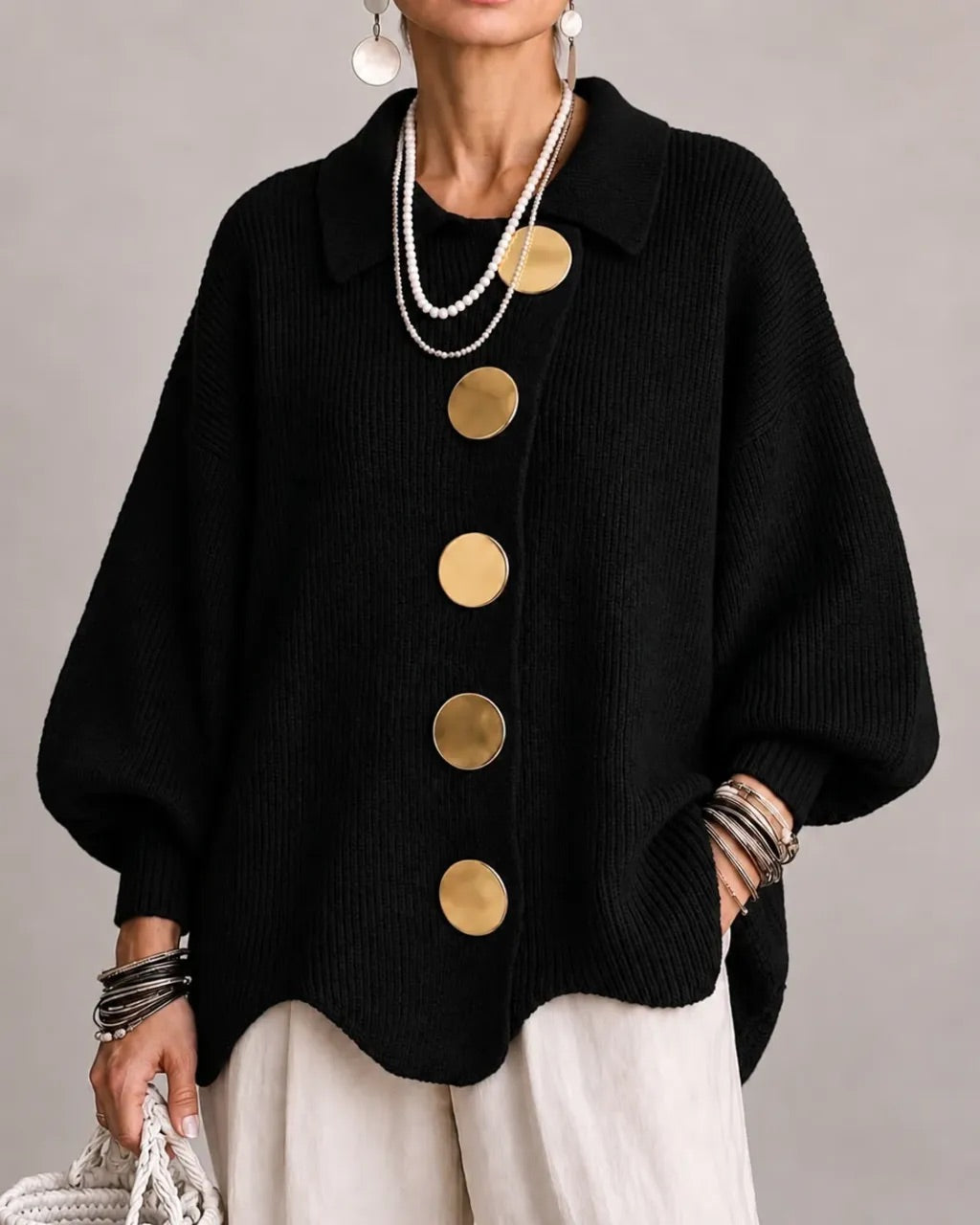 Gilet oversize à boutons dorés – Noir