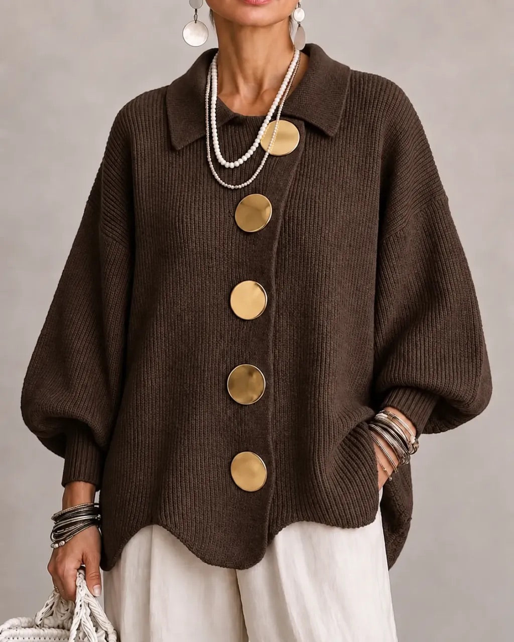 Gilet oversize à boutons dorés – Chocolat