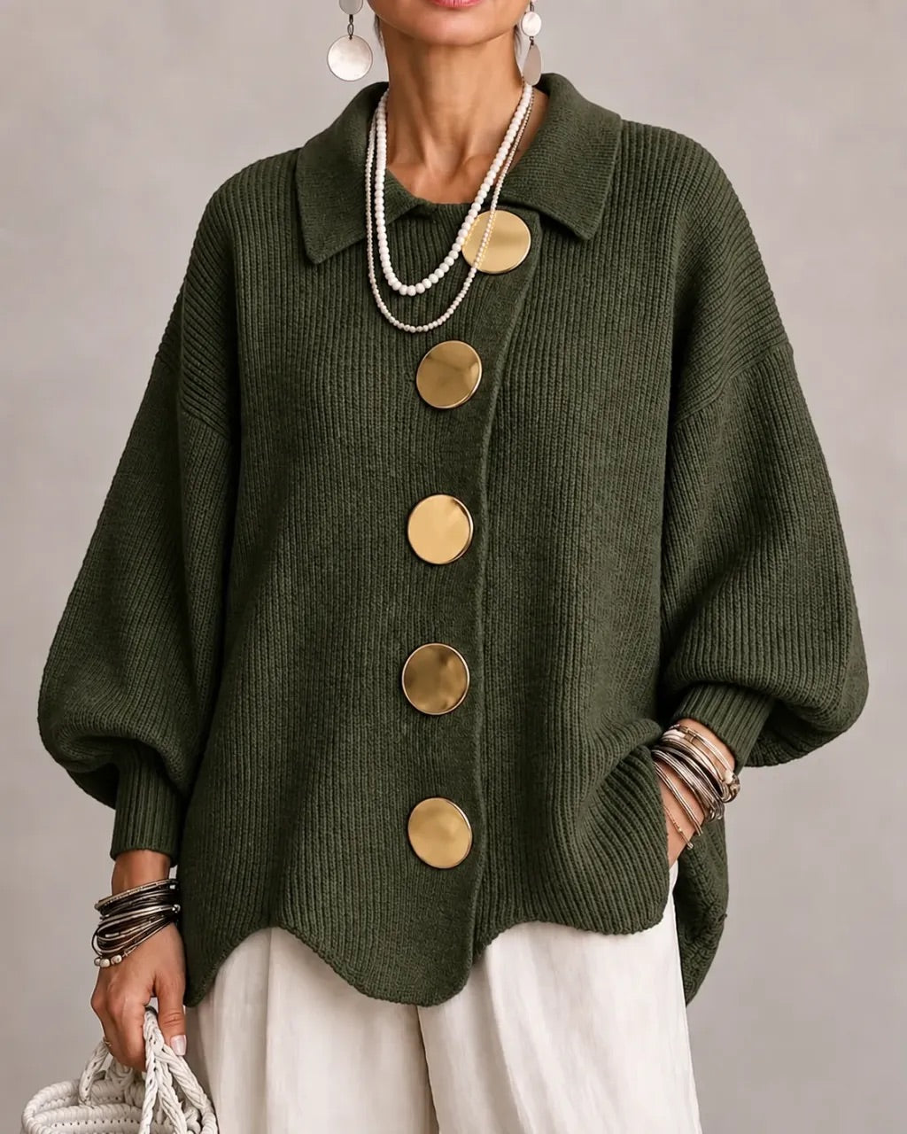 Gilet oversize à boutons dorés – Vert olive