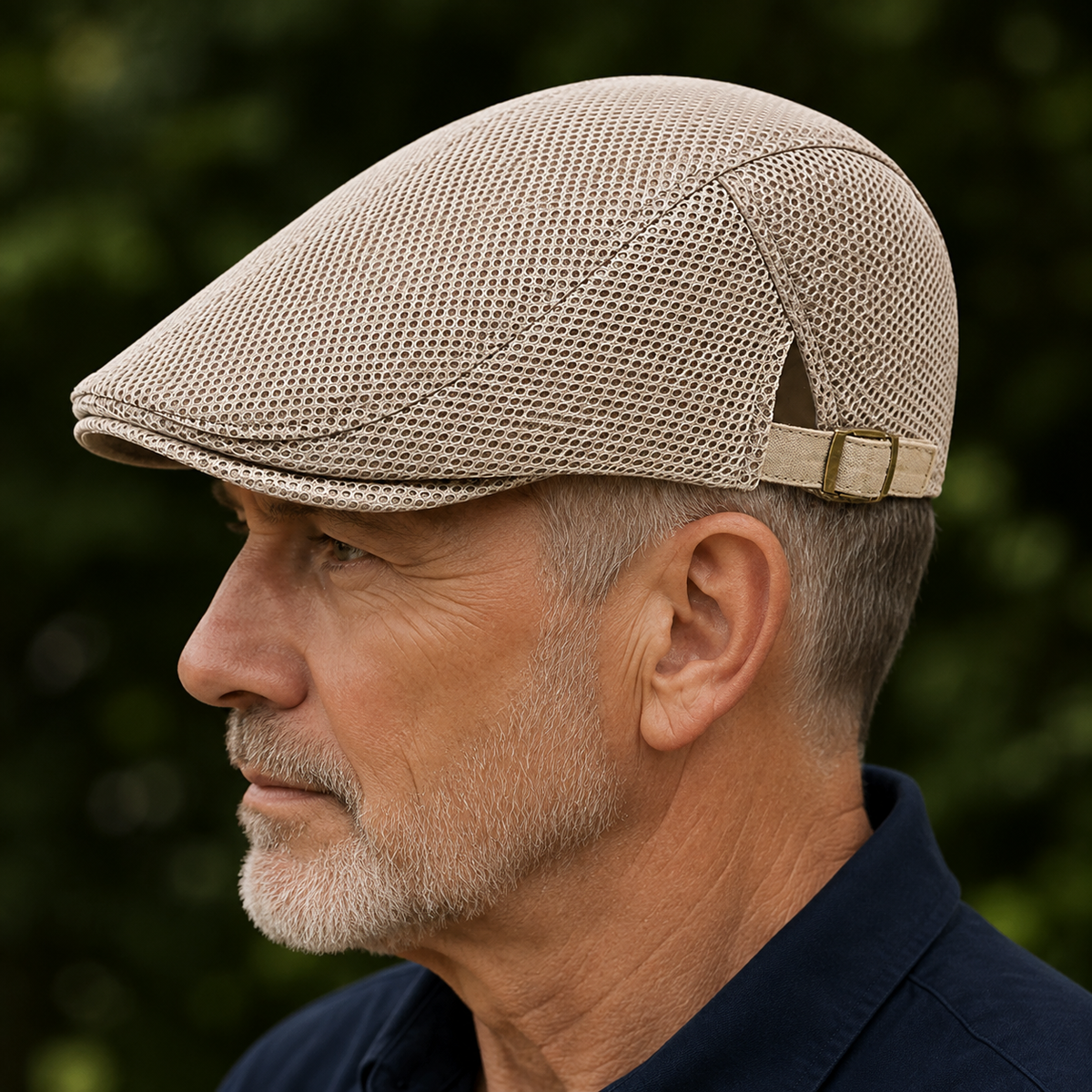 Louis, casquette plate en maille ajourée portée de profil