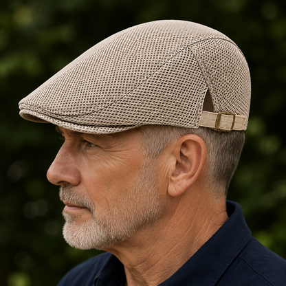 Louis, casquette plate en maille ajourée portée de profil