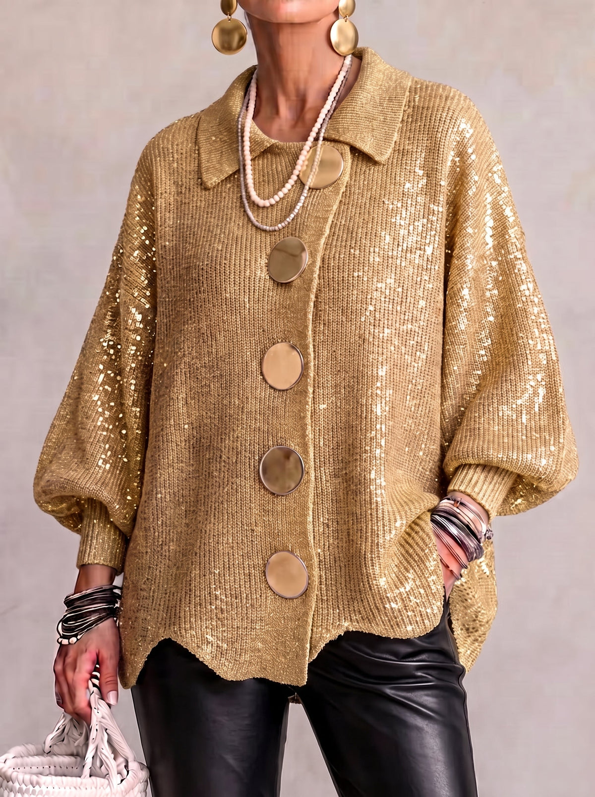 Gilet oversize à boutons dorés – Doré pailleté