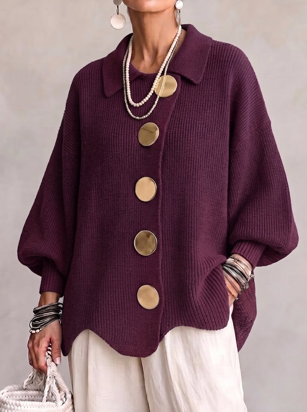 Gilet oversize à boutons dorés – Prune