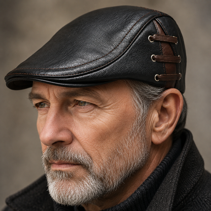 Raymond, casquette plate en cuir portée de face
