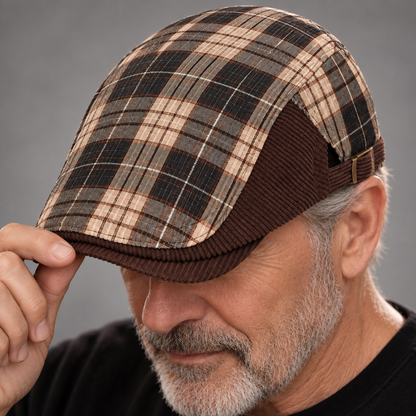 Roger, casquette plate écossaise portée