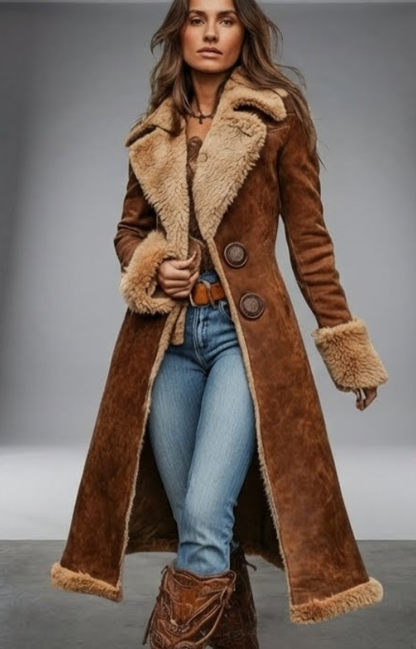 Solène, manteau long effet daim et fausse fourrure camel - vue de face