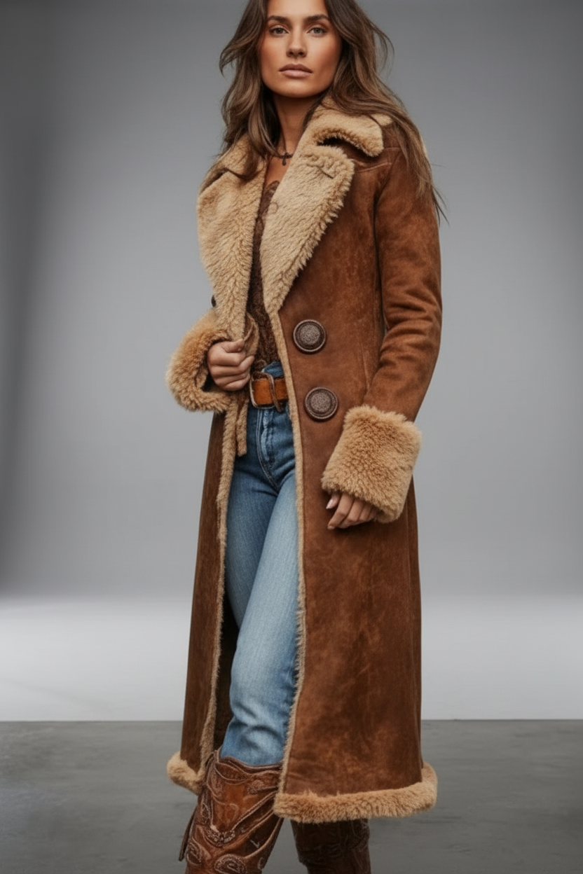 Solène, manteau long camel porté avec un jean