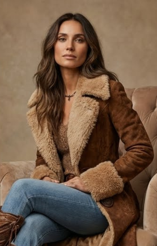 Solène, manteau long camel porté assise