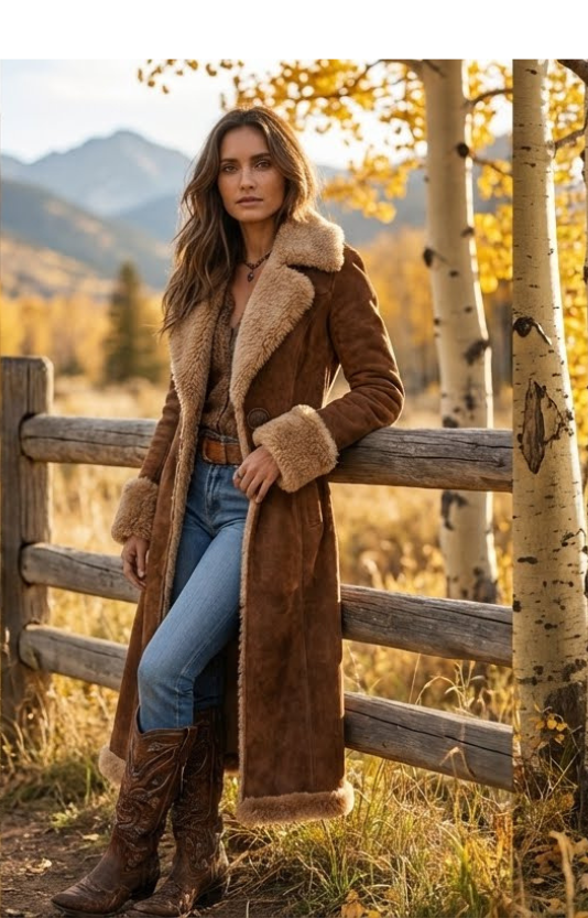 Solène, manteau long camel en extérieur