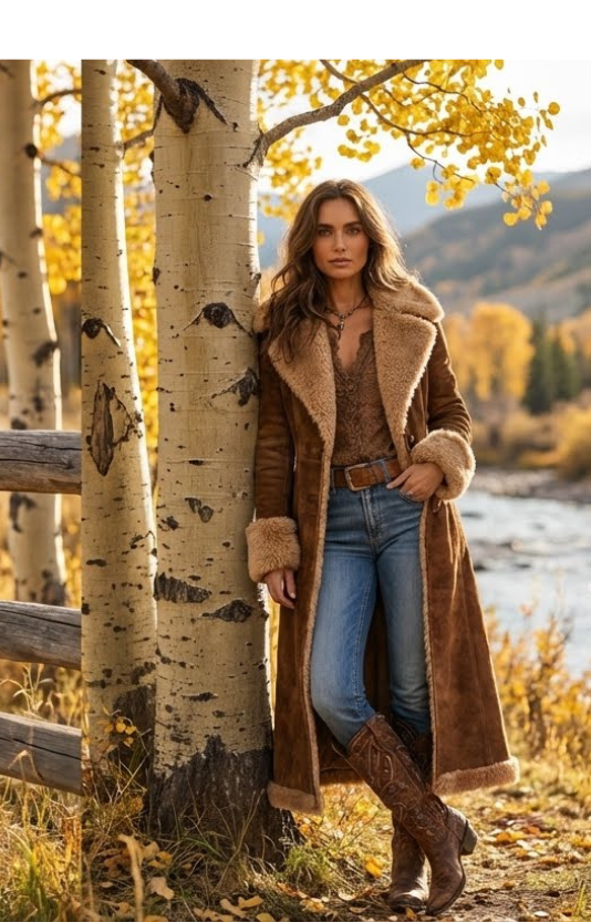 Solène, manteau long camel porté en automne